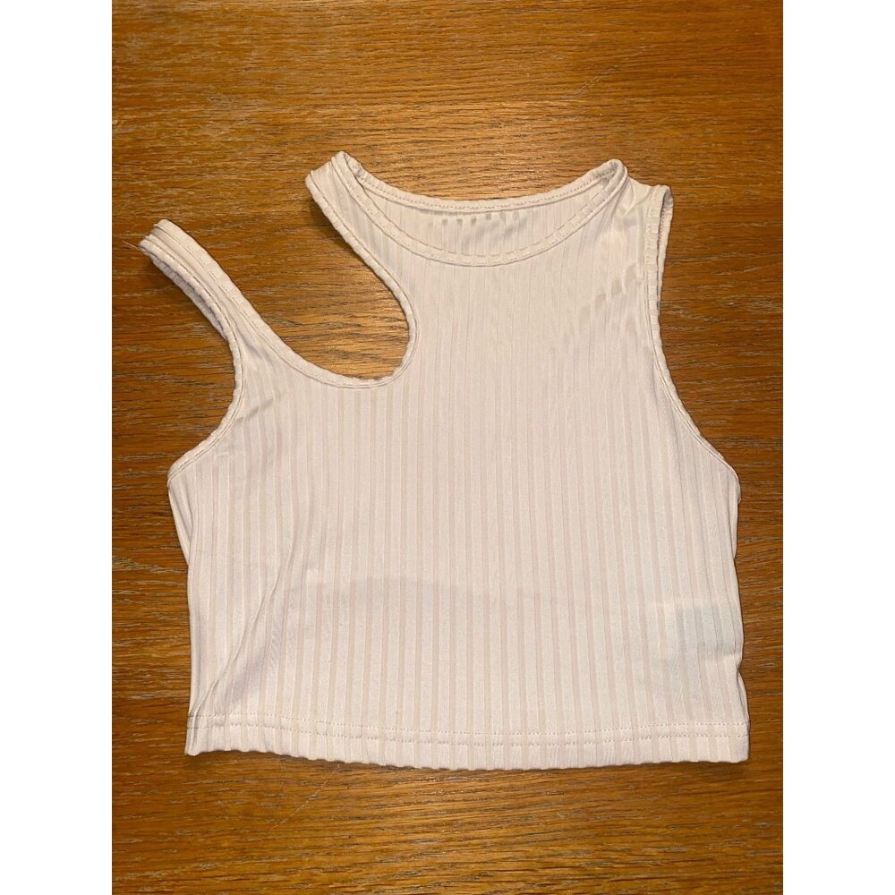 White Ribbed Asymmetrical Crop Top - Picture 3 of 3